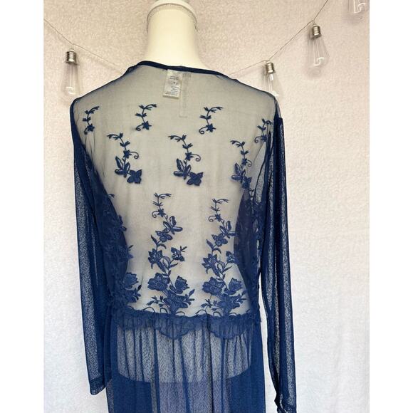 Forgotten Grace Navy Blue Long Sleeve Sheer Lace Topper Cardigan Large - Picture 9 of 10